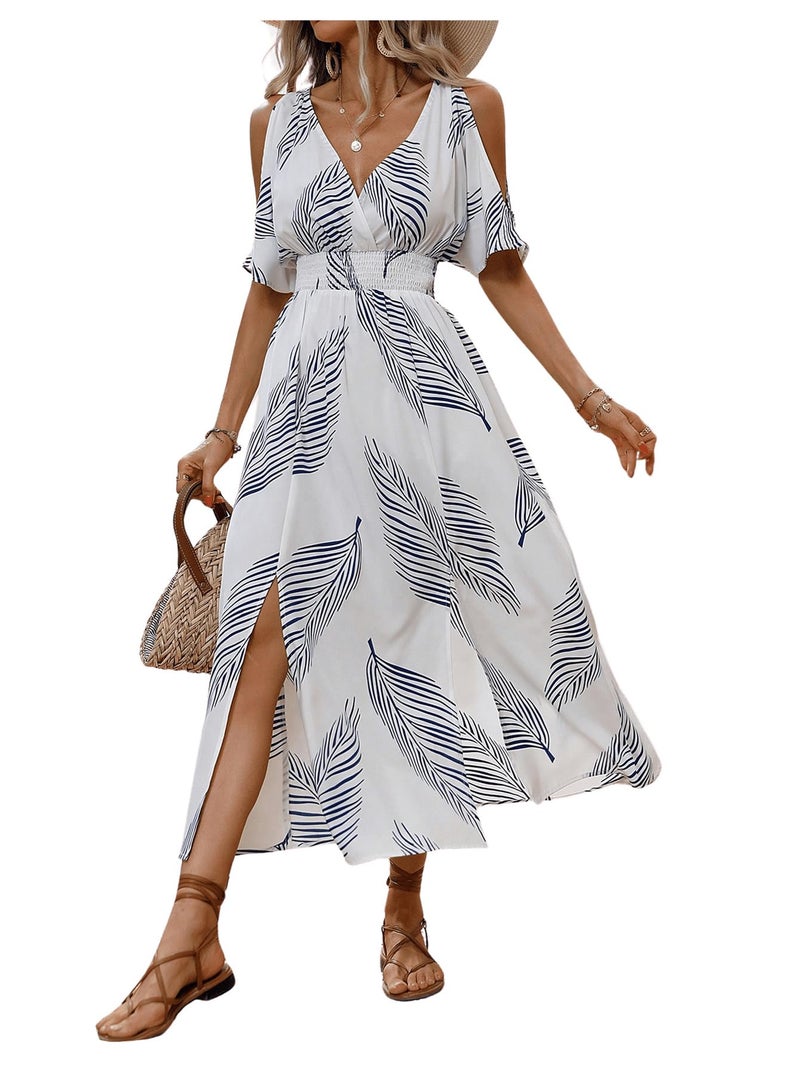 Verdusa Women's Summer Vacation Beach Dress Hawaiian Maxi Dresses Tropical Cold Shoulder Sundress Cruise Outfits 2026 Blue and White Medium - Image 5