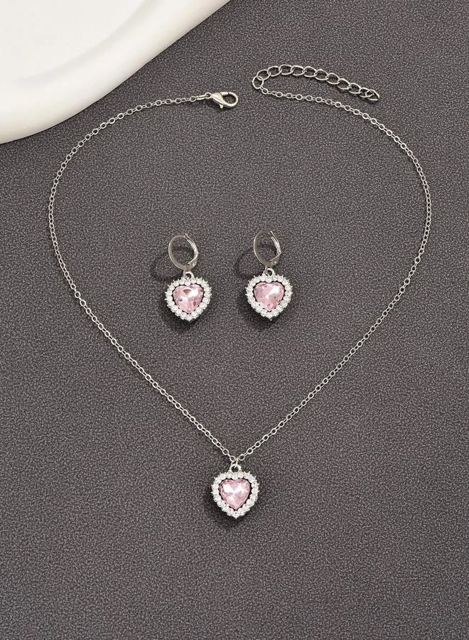 تايك تو Pack of 3 - Silver Tone Pink Heart Rhinestone Necklace and Earrings