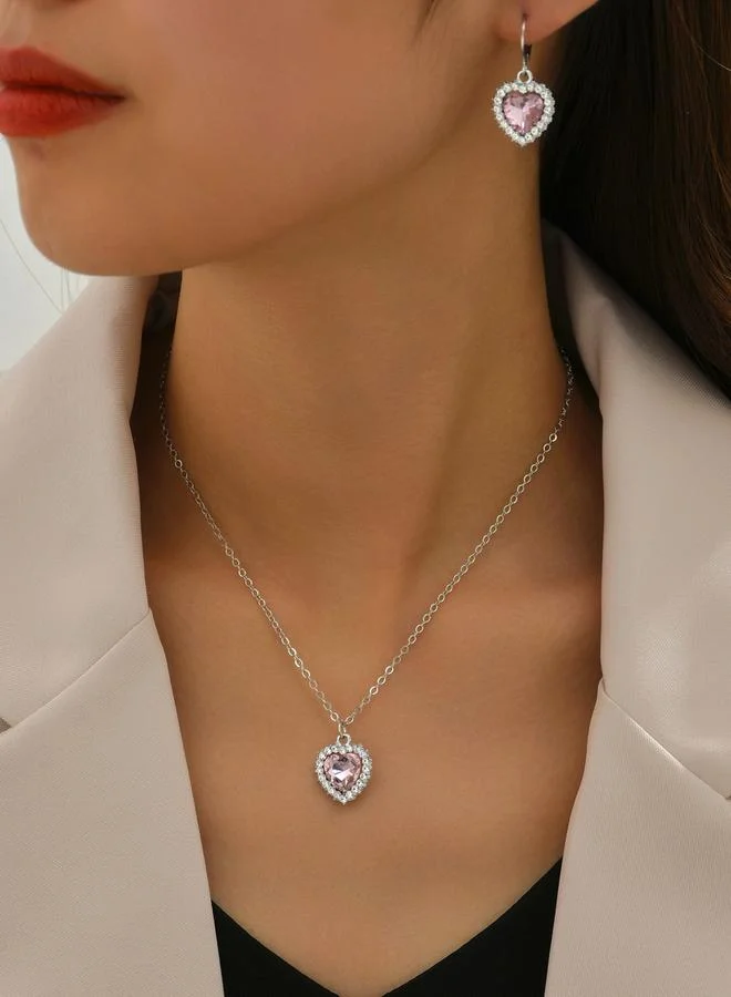 تايك تو Pack of 3 - Silver Tone Pink Heart Rhinestone Necklace and Earrings