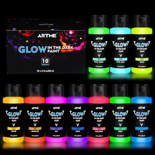 ARTME Glow in The Dark Paint, 10 Bright Colors 60ml/2oz Blacklight Paint Set, Neon Craft Paint, Acrylic Glow Fluorescent Paint Perfect for Art Painting, DIY projects, Halloween and Christmas Decoration - Image 1