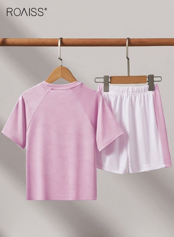 roaiss Kids T-shirt and Shorts Set, Girls Summer Outfit, 2 Piece Clothing Set, Sports Quick-drying Suit, Casual Sweat Tracksuit with Side Pockets, Suitable for Vacation, Travel, Beach, Running and Daily Wear - Image 3