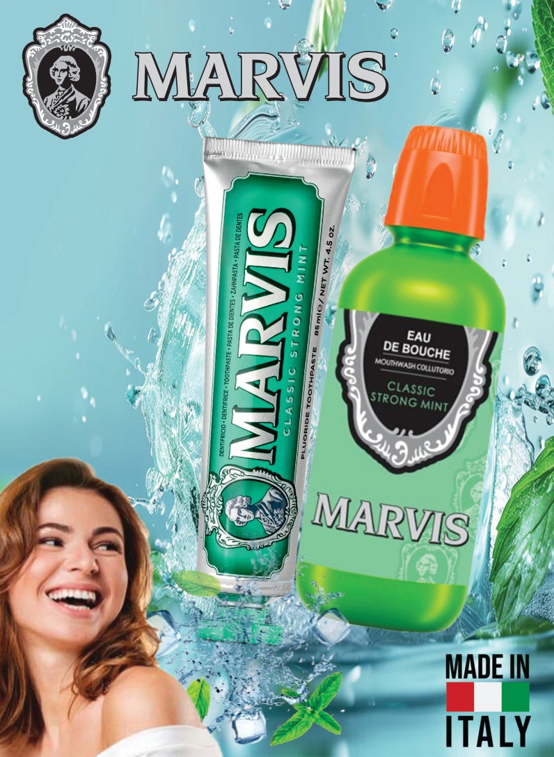 Marvis مجموعة العناية بالفم الكلاسيكية بالنعناع – معجون أسنان بالفلورايد 85 مل + غسول فم 400 مل، نفس منعش قوي ونظافة يومية - Image 2