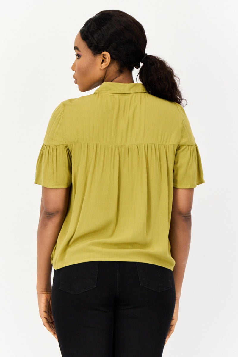 ONLY Women Pointed Collar Short Sleeve Textured Blouse, Light Olive - Image 2