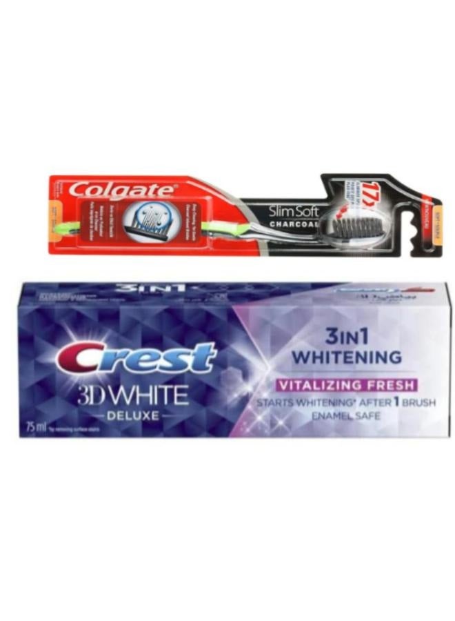 Colgate Colgate Slim Soft Charcoal Multicolor Toothbrush with Crest 3D Deluxe Fresh Toothpaste, Enamel Safe, 75ml 75ml