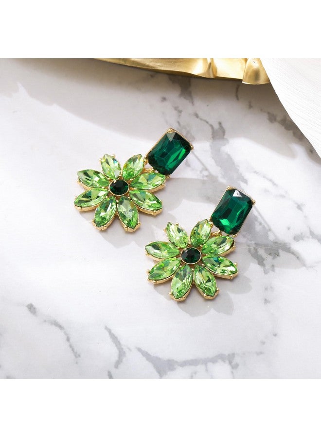 BriLove Sparkly Bling Rhinestones Marquise Emerald Cut Cluster Flower Earrings For Women Summer Party Jewelry Accessory Emerald Color Gold-Tone - Image 3