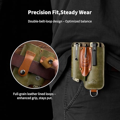 OKNIFE Osheath S1 3 in1 Leather Sheath for Flat Flashlight, Pocket Knife, Mini Pen, EDC Kit Belt Organizer for Belt with Horseshoe Buckle Keychain - Image 3