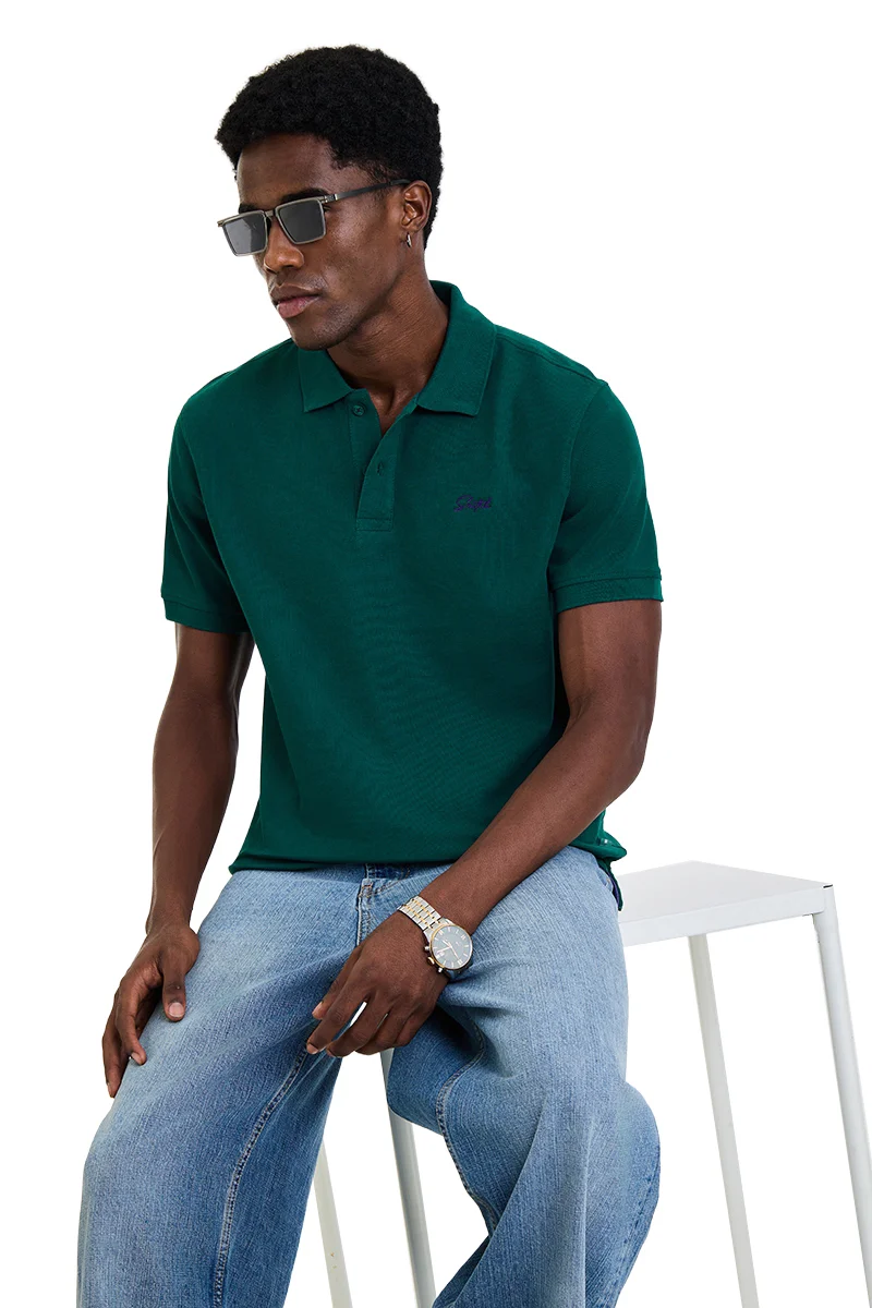 سنيتش Dark Green Solid Half Sleeve Regular Fit Casual T-Shirt