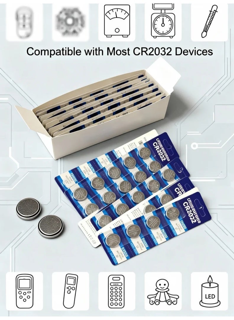 robotgcc High-Performance CR2032 3V Lithium Coin Battery 100-Pack | Long-Lasting Power & Low Self-Discharge | Premium Button Cell for Remote Controls, Flameless Candles, CMOS, Scales, Thermometers, Glucose Meters, Doorbells, Toys, Car Keys & Electronics | Bulk Value Pack with 20 Blister Cards × 5 Batteries - Image 2
