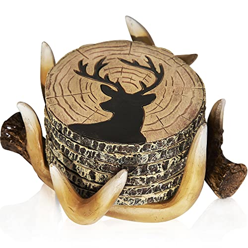 Cabin Obsession Deer Antlers Coaster Set of 6 – Handcrafted Deer Antler Decor and Man Cave Gifts for Men - 6 Full Size Deer Antlers Coasters for Man Cave Décor - Image 1