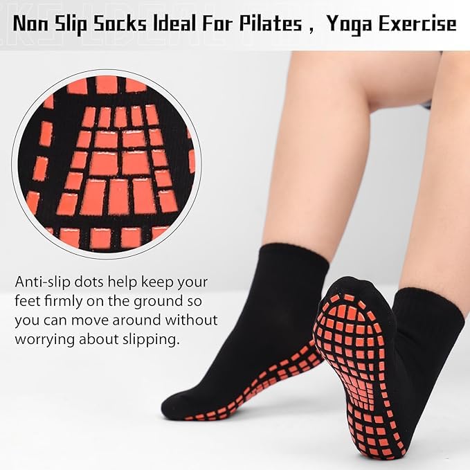 WKLOUYHE 5 Pairs Non Slip Socks Non Skid Sticky Grippy Yoga Pilates Hospital Sock Men Women_Free Size,Black - Image 5