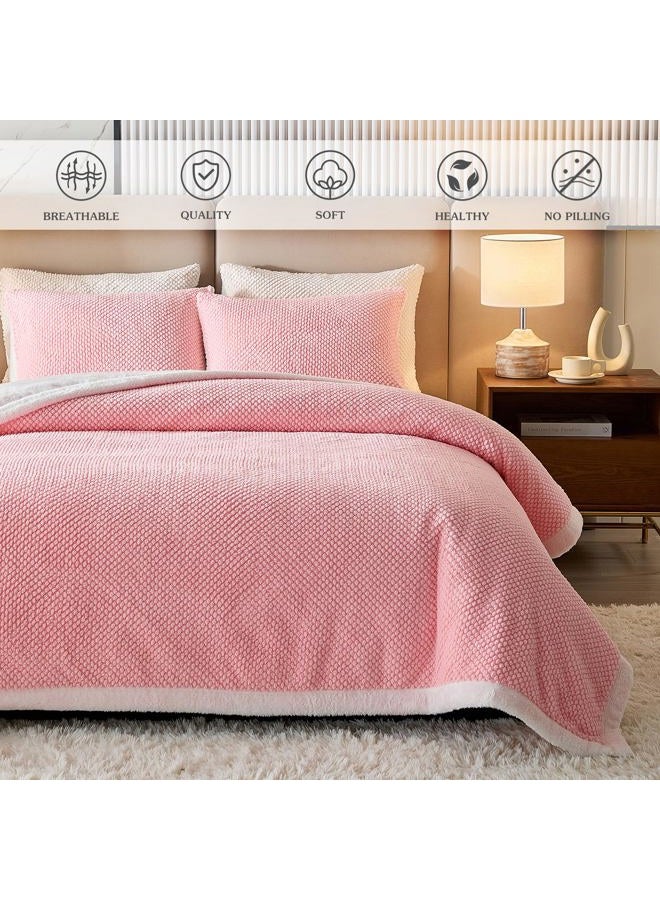 Flysheep Luxury Flannel Fleece Sherpa Blankets Twin Size for Bed, Jacquard Boho 3-Layer Thick and Warm Blanket for Winter, Soft Cozy Fuzzy Plush Velvet Blanket with 2 Pillow Cases, Pink, 68x86 Inches - Image 3