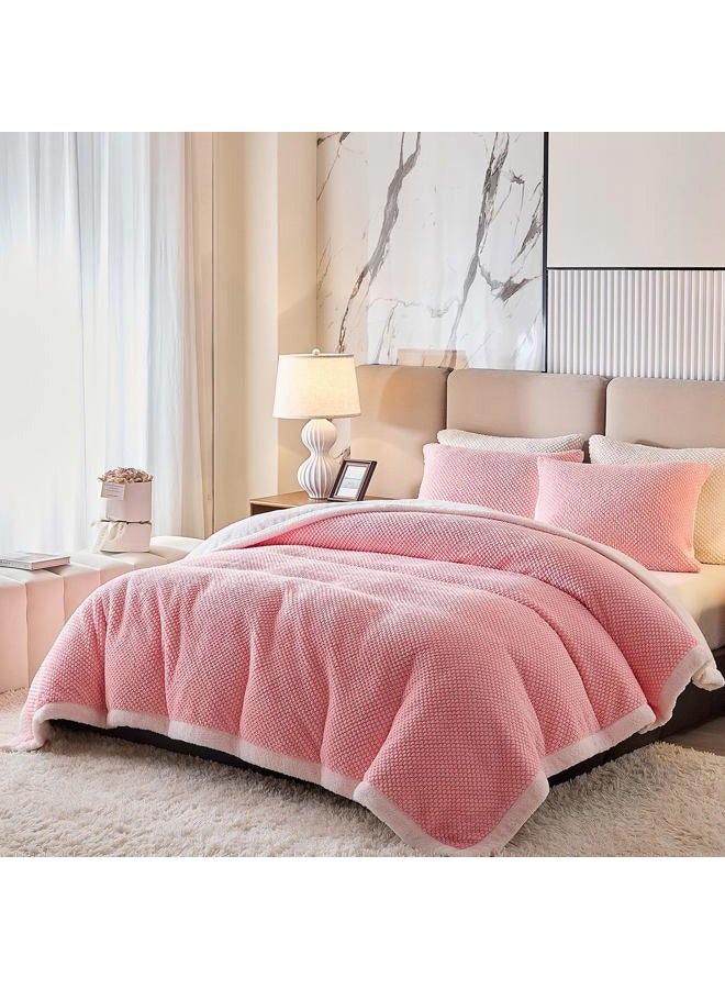Flysheep Luxury Flannel Fleece Sherpa Blankets Twin Size for Bed, Jacquard Boho 3-Layer Thick and Warm Blanket for Winter, Soft Cozy Fuzzy Plush Velvet Blanket with 2 Pillow Cases, Pink, 68x86 Inches - Image 1
