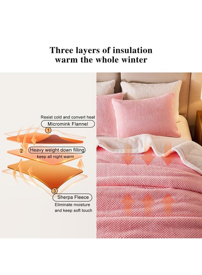 Flysheep Luxury Flannel Fleece Sherpa Blankets Twin Size for Bed, Jacquard Boho 3-Layer Thick and Warm Blanket for Winter, Soft Cozy Fuzzy Plush Velvet Blanket with 2 Pillow Cases, Pink, 68x86 Inches - Image 5