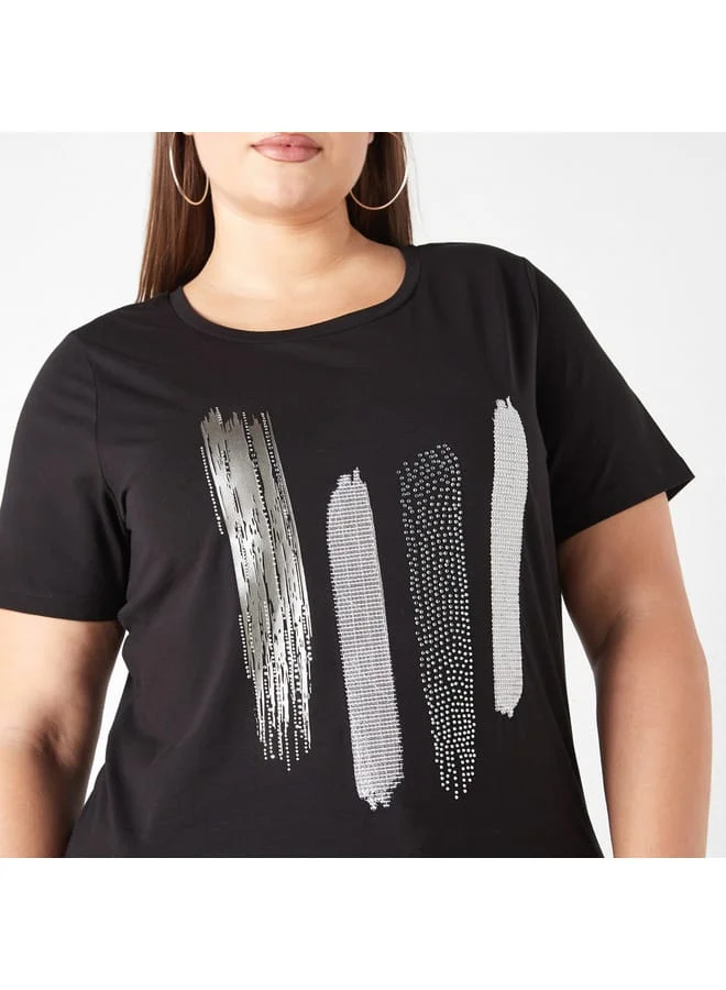 Ulla Popken Plus Size Ulla Popken Printed T-shirt with Round Neck and Short Sleeves
