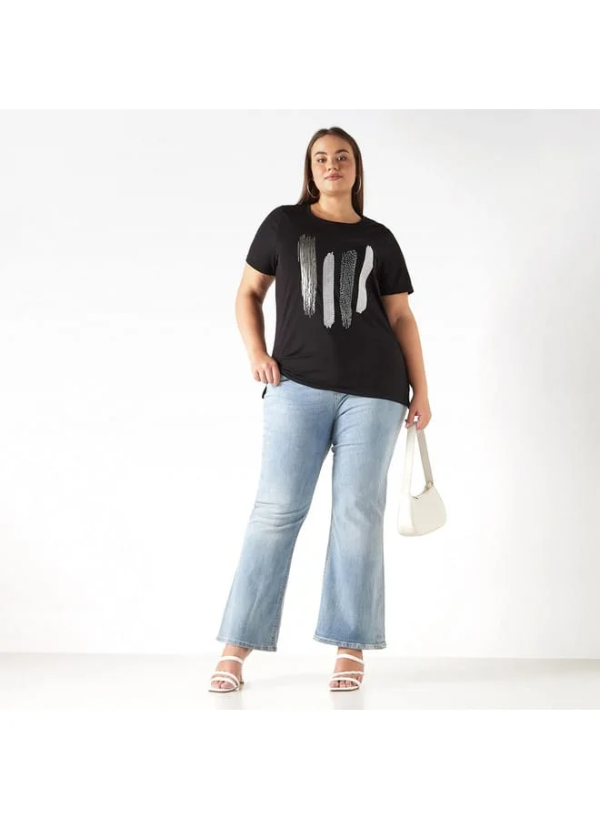 Ulla Popken Plus Size Ulla Popken Printed T-shirt with Round Neck and Short Sleeves