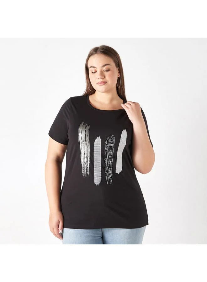 Ulla Popken Plus Size Ulla Popken Printed T-shirt with Round Neck and Short Sleeves