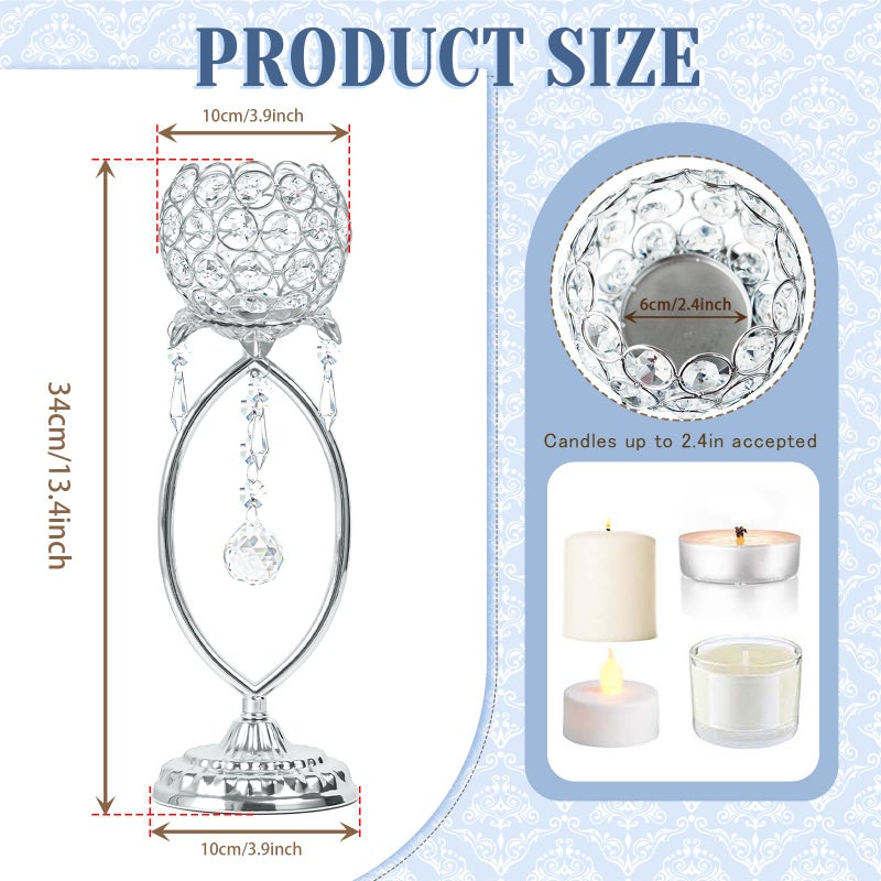 kehail 2 Pcs Silver Elegant Metal Crystal Tea Light Candle Holders with Crystal Pendants, Hollow Design - Wedding Table Centerpieces for Anniversary Birthday Party, Home Decor - Image 2