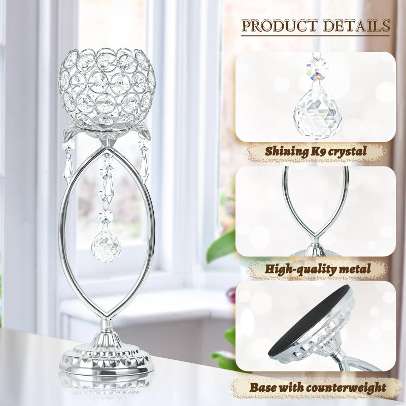 kehail 2 Pcs Silver Elegant Metal Crystal Tea Light Candle Holders with Crystal Pendants, Hollow Design - Wedding Table Centerpieces for Anniversary Birthday Party, Home Decor - Image 3