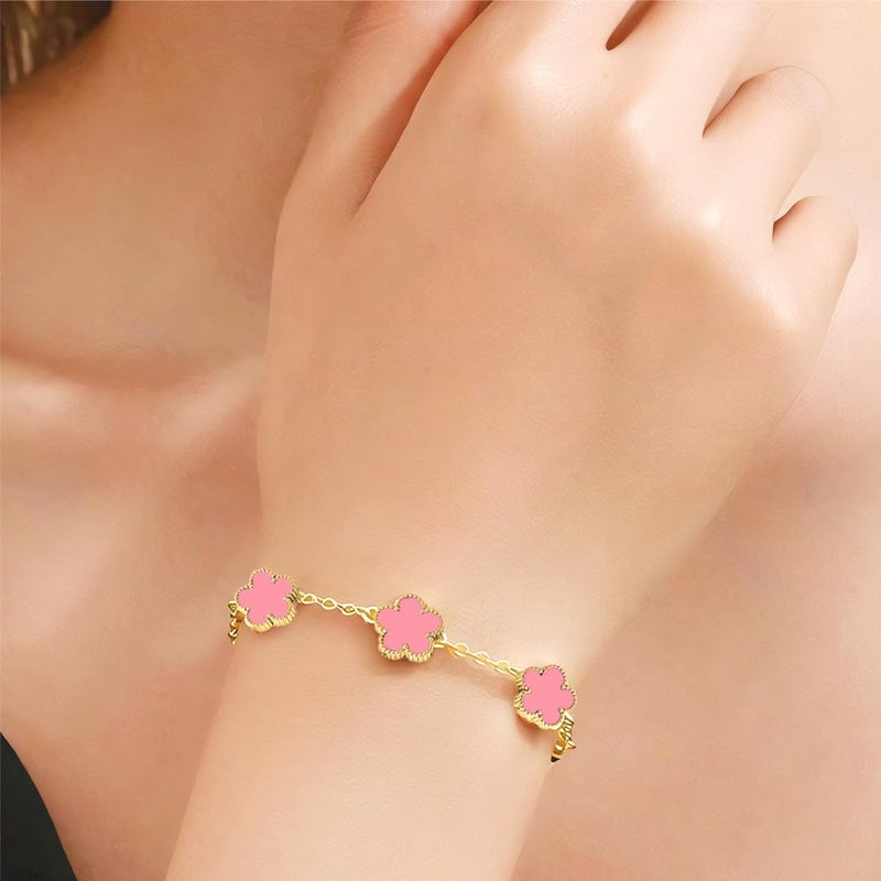 FLY FEI 18K Gold-Plated Four Leaf Clover Bracelet for Women,Adjustable lucky Bracelet Jewelry Gift-Hypoallergenic Charm for Birthdays, Wellness & Daily Wear(style01-Pink) - Image 3