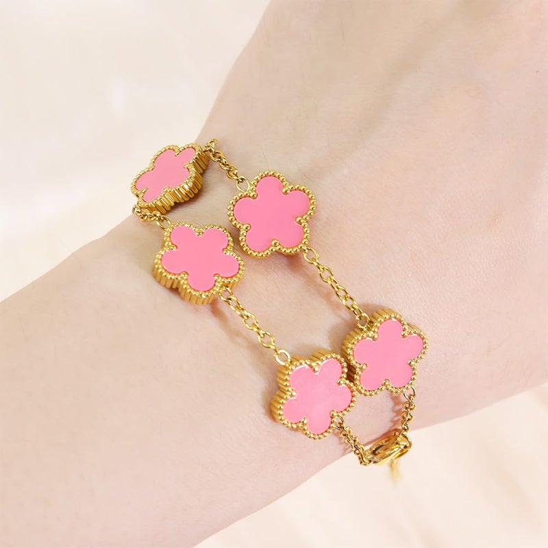 FLY FEI 18K Gold-Plated Four Leaf Clover Bracelet for Women,Adjustable lucky Bracelet Jewelry Gift-Hypoallergenic Charm for Birthdays, Wellness & Daily Wear(style01-Pink) - Image 5