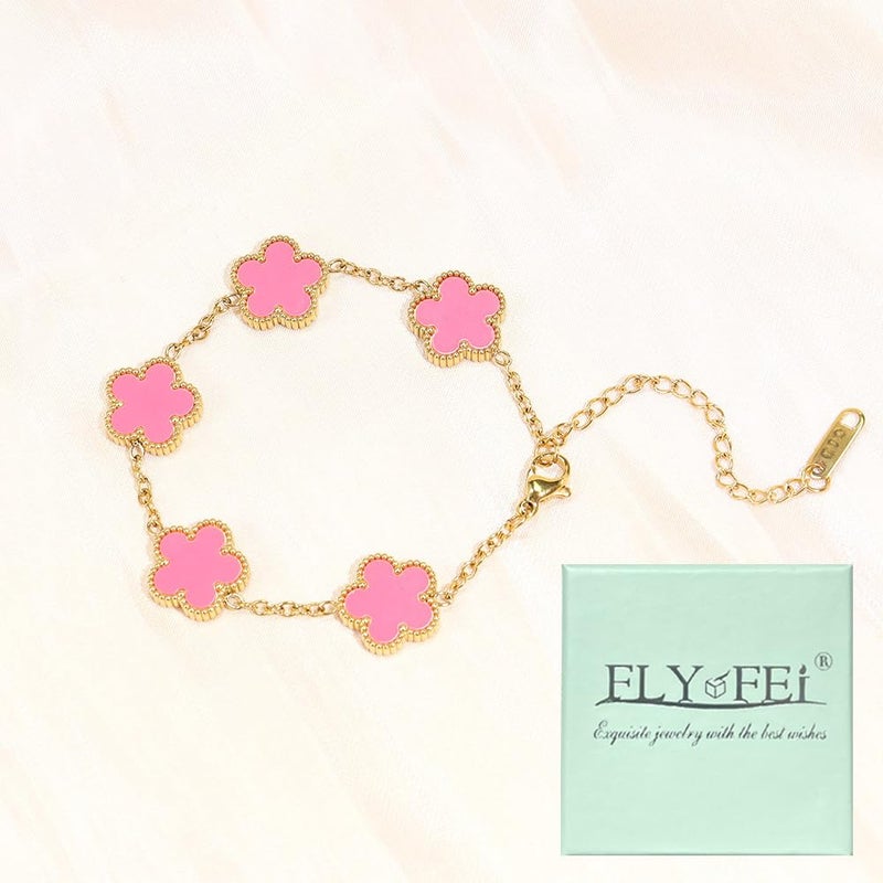 FLY FEI 18K Gold-Plated Four Leaf Clover Bracelet for Women,Adjustable lucky Bracelet Jewelry Gift-Hypoallergenic Charm for Birthdays, Wellness & Daily Wear(style01-Pink) - Image 2
