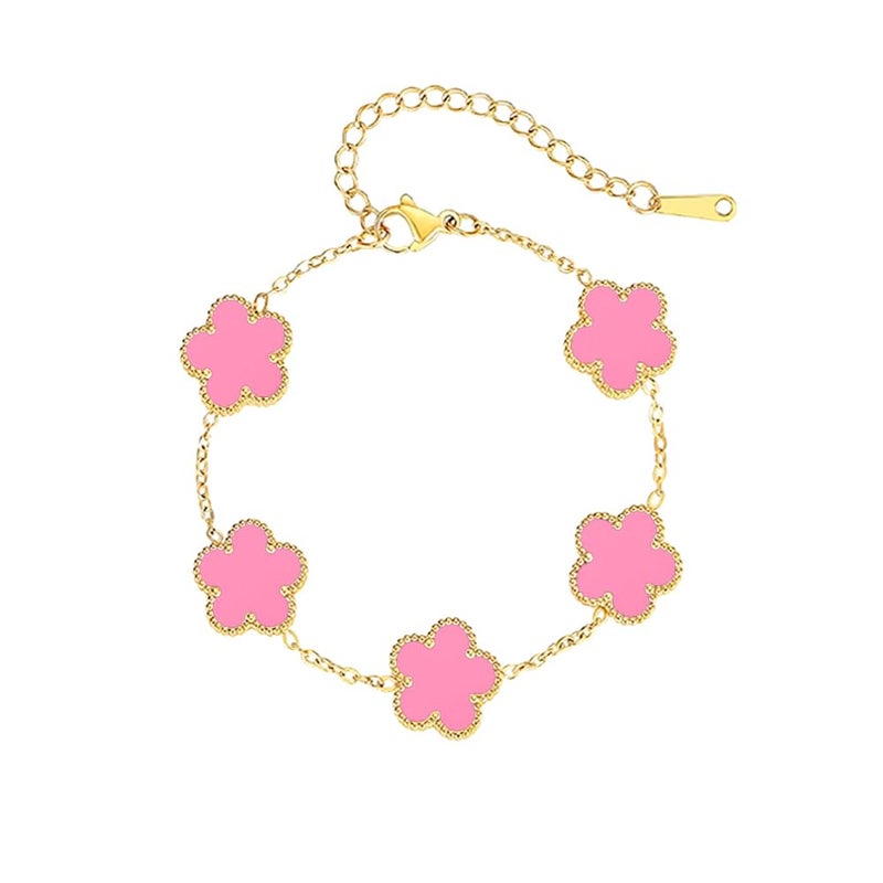 FLY FEI 18K Gold-Plated Four Leaf Clover Bracelet for Women,Adjustable lucky Bracelet Jewelry Gift-Hypoallergenic Charm for Birthdays, Wellness & Daily Wear(style01-Pink) - Image 1
