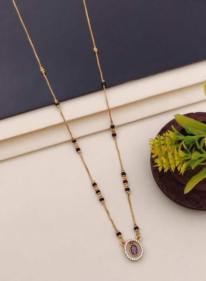 sweeply Daily, Wear Designer Black Bead Mangalsutra with Oval Purple Stone Pendant for Women, Best Birthday Gift, perfect for Anniversary, Mother's Day gift, Valentine Gift, Gift for Diwali - Image 2