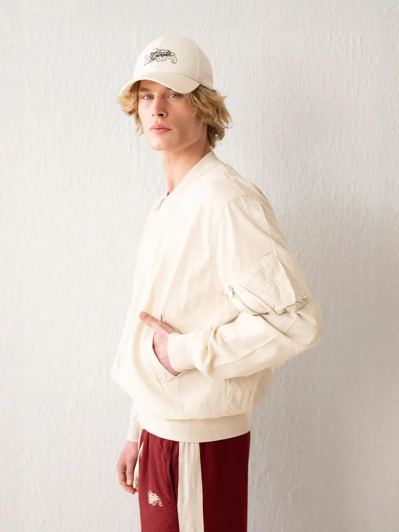 Giesto Beige Natural GIESTO Cotton Bomber Jacket with Zipper and Pocket for Men | Best Price UAE