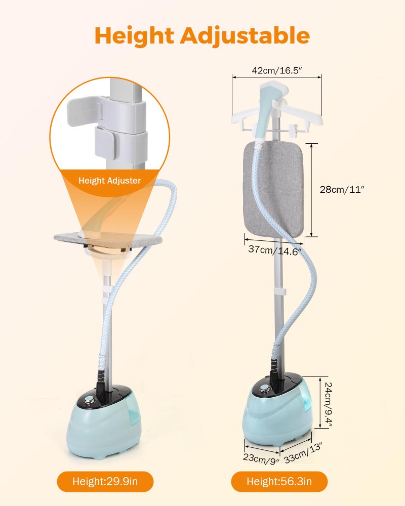 BEAMNOVA Steamer for Clothes Standing Garment Steamer Clothing Steam Iron with Ironing Board Wrinkle Remover 1.8L(61oz) Water Container, 10 Settings For Home and Commercial Use, Blue - Image 5