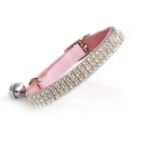 CHUKCHI Soft Velvet Safe Cat Adjustable Collar Bling Diamante with Bells,11 inch for Small Dogs and Cats (Pink) - Image 1