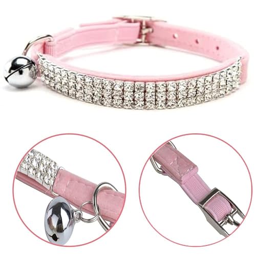 CHUKCHI Soft Velvet Safe Cat Adjustable Collar Bling Diamante with Bells,11 inch for Small Dogs and Cats (Pink) - Image 2