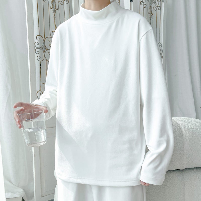 Mock Collar Velvet T-Shirt Men'S Trendy Brand Loose Pullover Simple Solid Color Inner Long Sleeve Base Shirt - Image 3