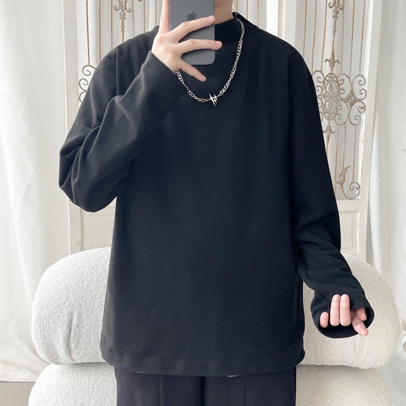Mock Collar Velvet T-Shirt Men'S Trendy Brand Loose Pullover Simple Solid Color Inner Long Sleeve Base Shirt - Image 4