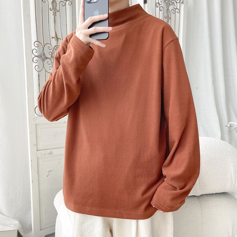 Mock Collar Velvet T-Shirt Men'S Trendy Brand Loose Pullover Simple Solid Color Inner Long Sleeve Base Shirt - Image 5