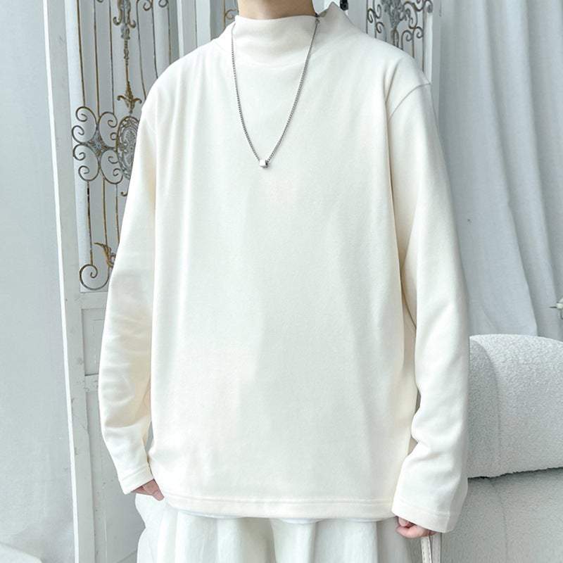 Mock Collar Velvet T-Shirt Men'S Trendy Brand Loose Pullover Simple Solid Color Inner Long Sleeve Base Shirt - Image 2