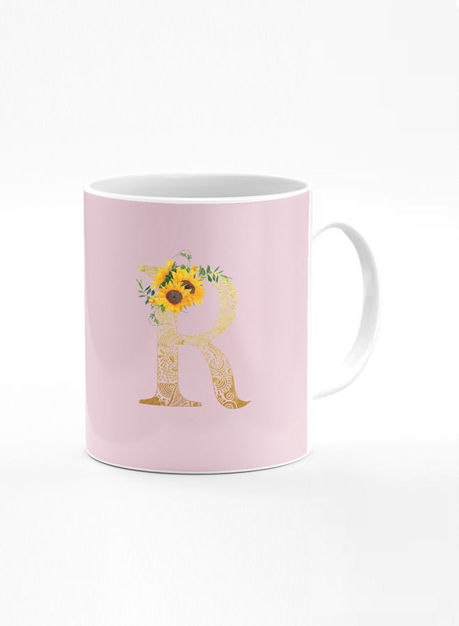 Stylizedd Designer Printed Coffee Mug 11oz Ceramic Personalised Gift Mugs Cup Custom Monogram Initial Letter Mandala Floral Pattern Alphabet R (Pink) - Image 1