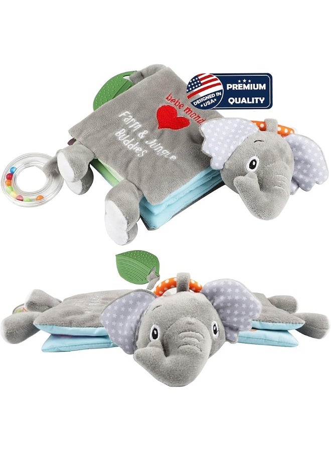 Bebe Mondo - Baby Books 0-6 Months,Infant Toys, Elephant Soft Cloth Touch Feel Crinkle Books for Babies Toddlers,Baby Toys 3-6 Months 6 to 12 Months 1-3 Years Baby Gifts Boy Girl,Bunny Stuffed Plush Teething Toys - Image 1