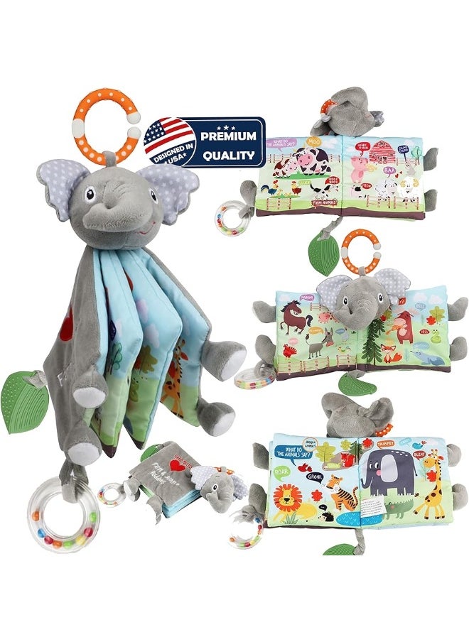 Bebe Mondo - Baby Books 0-6 Months,Infant Toys, Elephant Soft Cloth Touch Feel Crinkle Books for Babies Toddlers,Baby Toys 3-6 Months 6 to 12 Months 1-3 Years Baby Gifts Boy Girl,Bunny Stuffed Plush Teething Toys - Image 1