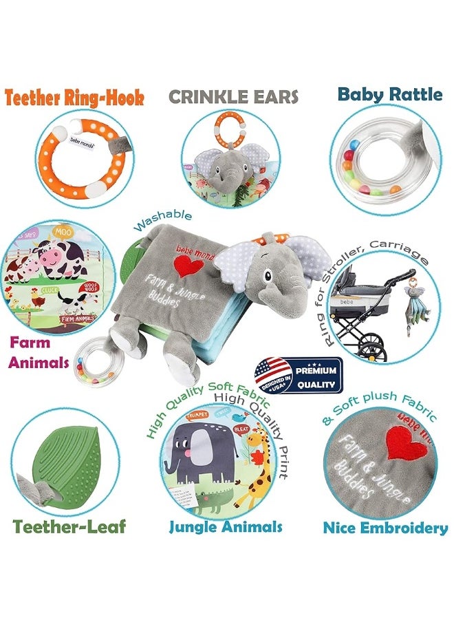 Bebe Mondo - Baby Books 0-6 Months,Infant Toys, Elephant Soft Cloth Touch Feel Crinkle Books for Babies Toddlers,Baby Toys 3-6 Months 6 to 12 Months 1-3 Years Baby Gifts Boy Girl,Bunny Stuffed Plush Teething Toys - Image 1
