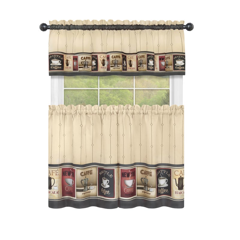 Achim Home Furnishings Cozy Cafe Printed Tier Valance Set 58x24 Inch TanBlack