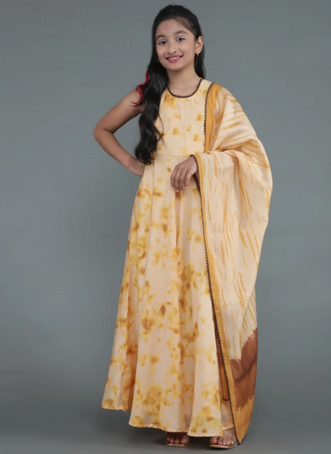 AKS Cream Tie & Dyed Maxi Dress With Dupatta For Girls