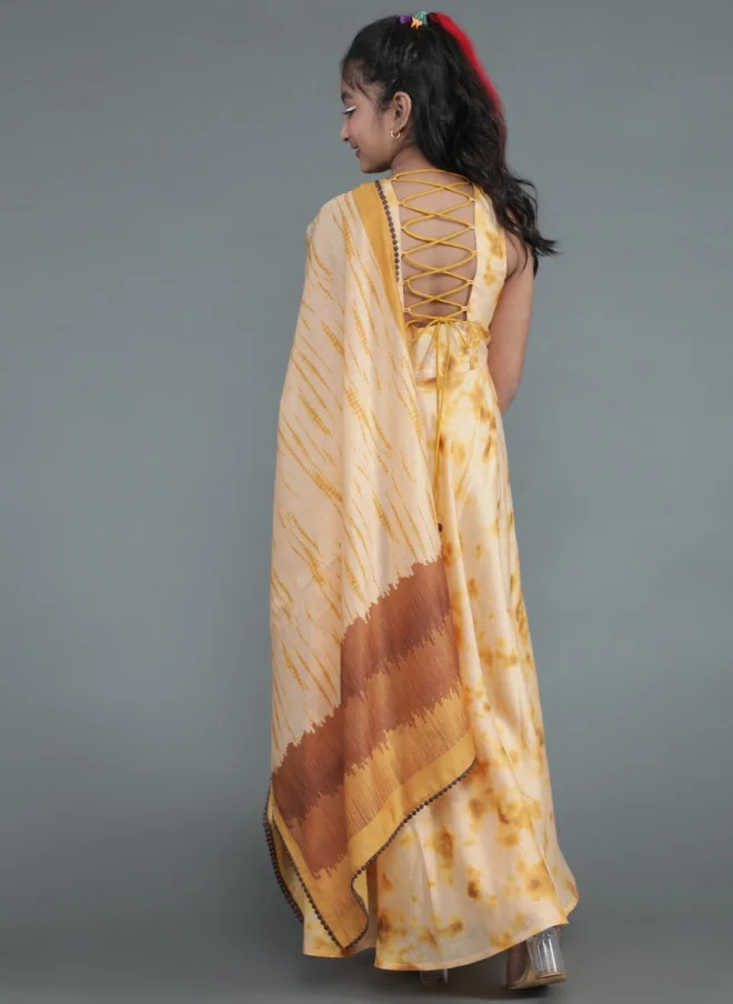 AKS Cream Tie & Dyed Maxi Dress With Dupatta For Girls