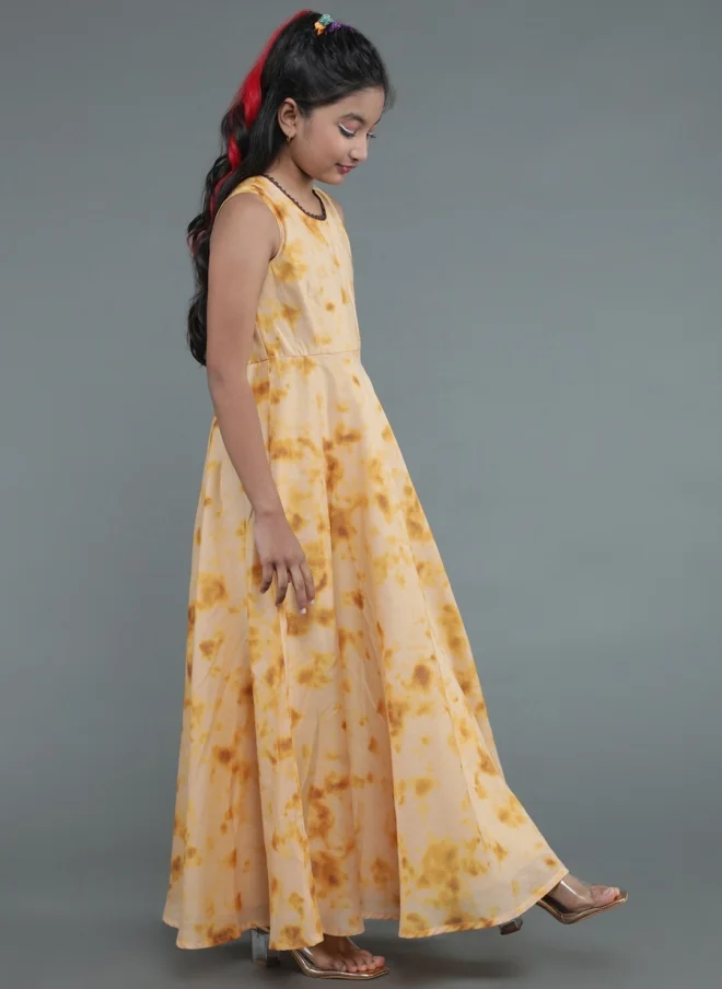 AKS Cream Tie & Dyed Maxi Dress With Dupatta For Girls