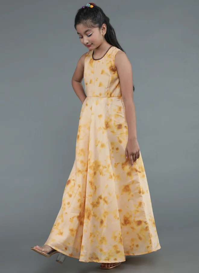 AKS Cream Tie & Dyed Maxi Dress With Dupatta For Girls