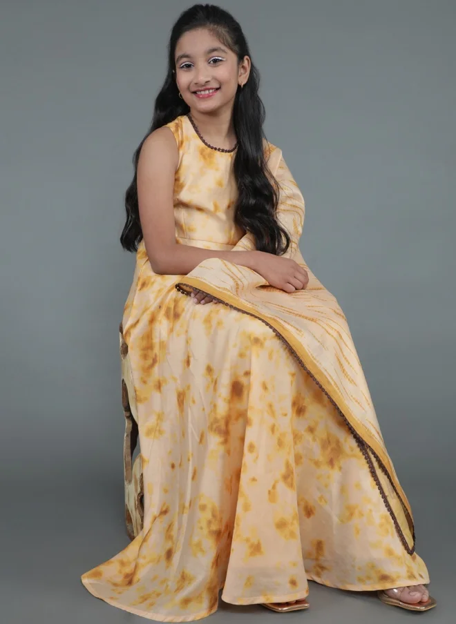 AKS Cream Tie & Dyed Maxi Dress With Dupatta For Girls