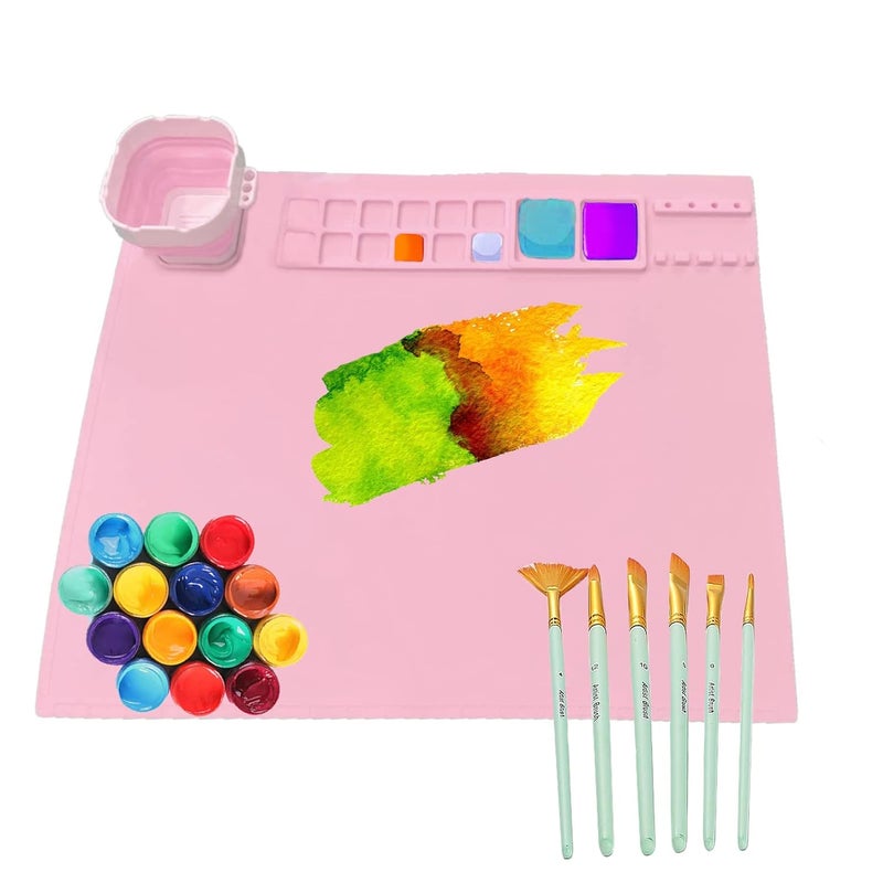 REIWIDE Silicone Craft Mat Silicone Mat for Resin Casting Nonstick Nonslip Silicone Sheet Silicone Molds Mat 20x16 with Cleaning Cup for Painting Art Clay Epoxy Resin etc pink - Image 1