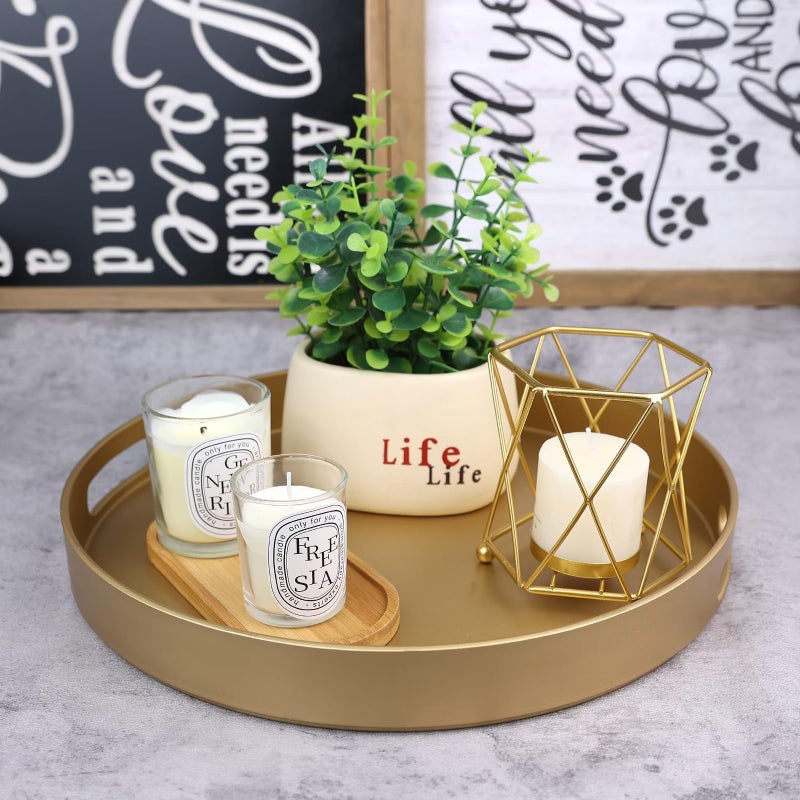 SforGUVA Round Gold Decorative Serving Tray with Handles, 13â€ Versatile Ottoman Tray for Coffee Table, Entertaining, Outdoor Patio, Living Room - Image 2