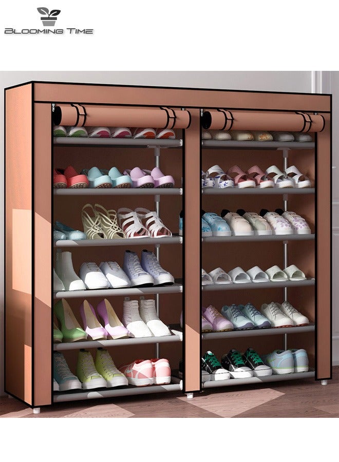 BLOOMING TIME 6-Layer Double-Row Non-Woven Simple Shoe Rack, Large Capacity, Space-Saving, Brown - Image 1