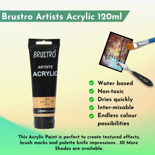 BRUSTRO Artists Acrylic Paint 120ml Gold | Ideal for Paper, Canvas, Water-Based Colours, Non-Toxic, Inter-mixable Colors, Crafters, Fine Art Students and Professionals - Image 2