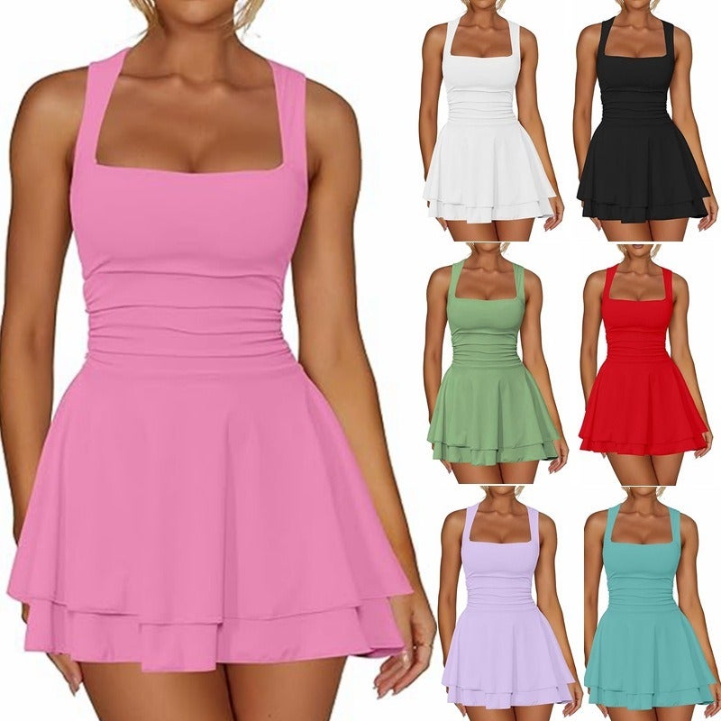 European and American Women's Fashion: Square Neckline, Pleated Hem Mini Dress - Image 2